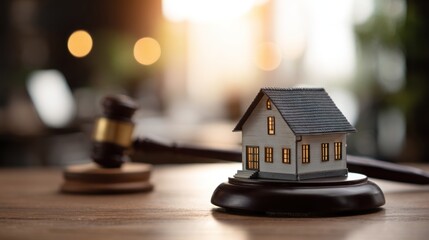 House Auction - Gavel and Miniature House on Wooden Table.