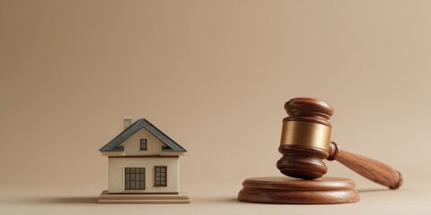 House model and gavel on beige background - real estate law.