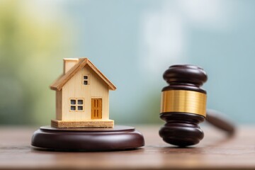 House Auction - Gavel and Miniature House on Wooden Surface.