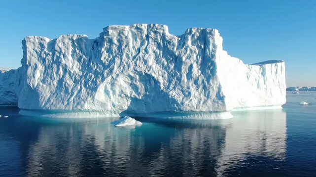 Massive glacial ice formations drifting in pristine polar waters, showcasing their monumental scale and unique sculpted forms. Wide, establishing shot emphasizing the sheer size and natural?