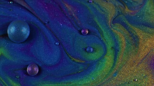 Capturing the vibrant, seamless blend of iridescent fluid colors, creating a dynamic and visually stimulating abstract spectacle. Overhead macro shot