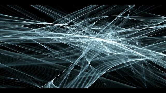 Futuristic abstract glowing blue lines crossing and intertwining on black background with dynamic energy creating vibrant visual effect