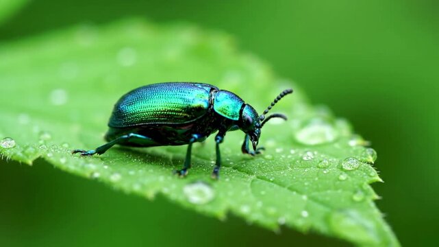 Macro view of a vibrant beetle's iridescent carapace, showcasing its intricate patterns and reflective qualities as it moves on a plant surface. Close up, detailed observation