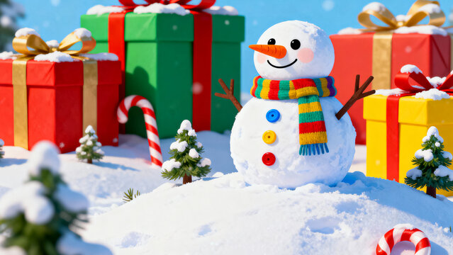 Cheerful snowman with colorful scarf surrounded by brightly wrapped christmas gifts and snowy trees
