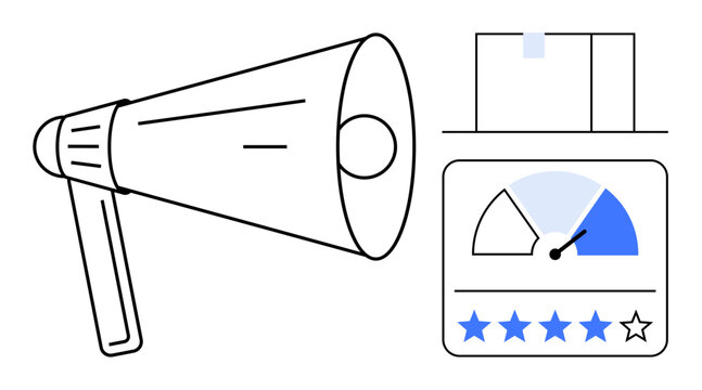 Marketing concept. Marketing with a megaphone and performance indicators thumbs up star ratings and a gauge. Marketing strategies for feedback, promotion, branding, and reviews. Perfect for digital