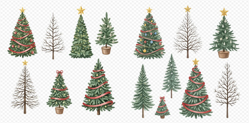 A collection of watercolor Christmas trees, some decorated with stars and ribbons, others bare or potted, on a transparent background.