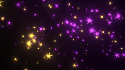 Sparkling purple and gold stars dance across a dark, magical background, creating a vibrant, celebratory atmosphere for festive occasions and fantasy themes.