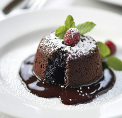 Chocolate Lava Cake with Melted Ganache Center, Powdered Sugar, and Fresh Raspberry
