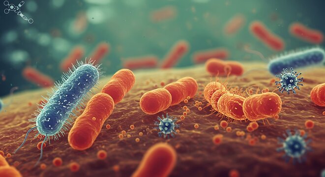 Microscopic view with various bacteria and viruses, detailed 3D rendering