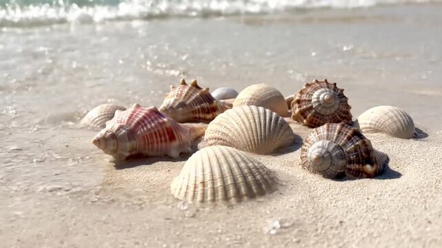 Macro close up capturing the intricate, iridescent patterns and delicate striations on the surface of a diverse collection of seashells, highlighting their natural geometry.
