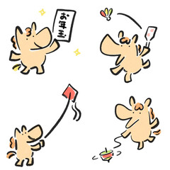 正月を楽しむ笑顔の馬のセット　筆絵・お年玉・羽根つき・凧あげ・コマ回し