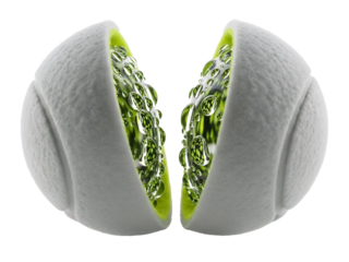 スライスされたテニスボールのクローズアップ 高解像度画像 鮮やかな緑色の内部構造が特徴的 球技 スポーツ用品