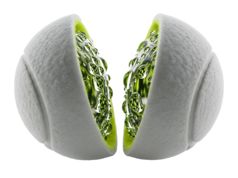 スライスされたテニスボールのクローズアップ 高解像度画像 鮮やかな緑色の内部構造が特徴的 球技 スポーツ用品 - Powered by Adobe