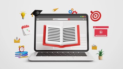 Online Education, E-Courses, Internet Education Webinar, Virtual Classroom, Remote E-Learning, Test, Knowledge Wisdom Concept. Study Online Courses on Laptop. 4K 3D Video Animation