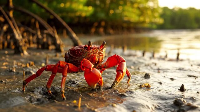 A close up view of a vibrant blue crab meticulously sifting through wet sand on a pristine, sun drenched beach, searching for sustenance. macro, low angle, detailed