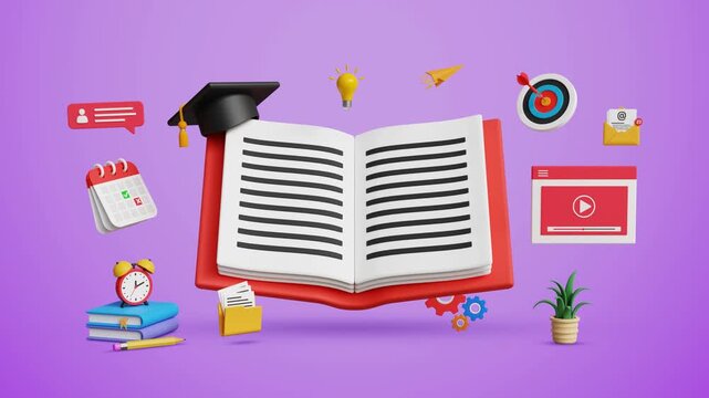 Online Learning Platform, Study Online Course, Digital Skill Building, Virtual Courses, New Skill, Enhancing Assessment and Online Class Concept. Book and Graduation Cap with Education Icons. 3D Video