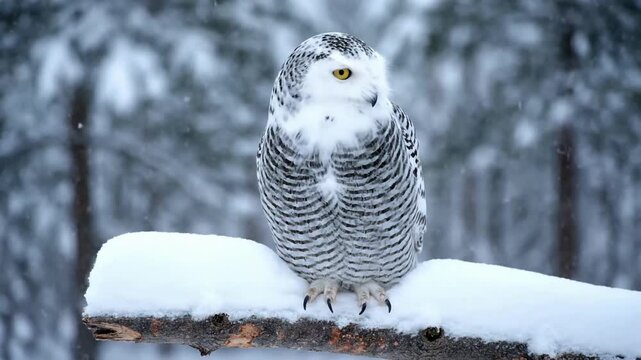 A magnificent snowy owl perched silently on a frost covered branch, its striking white plumage blending with the winter landscape, observing its pristine, untouched surroundings.