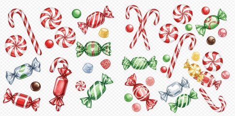 Watercolor illustration of various Christmas candies including candy canes, wrapped sweets, and round peppermint treats, isolated on a transparent background.