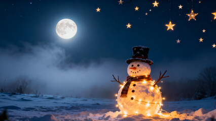Whimsical glowing snowman illuminated by warm christmas lights under a full moon and starry night sky