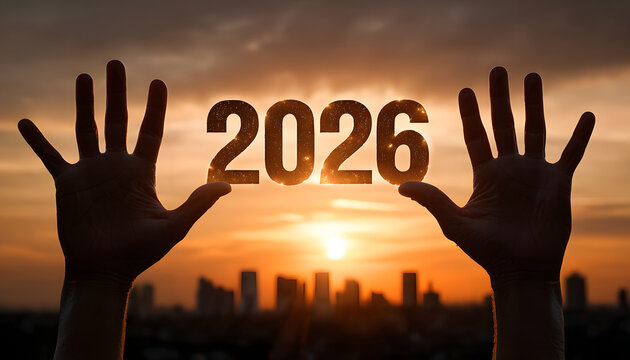 Silhouette of open hands reaching upwards towards the glowing numbers '2026' set against a vibrant, warm-toned sunset sky with a distant city skyline, symbolizing hope, new beginnings, and the future. - Powered by Adobe