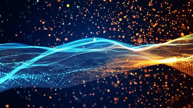 A vibrant abstract background featuring flowing waves of blue and orange light, complemented by shimmering particles, creating a sense of depth and movement for creative projects.