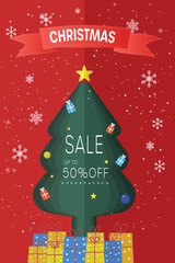 Vibrant Christmas Sale Banner Illustration with Festive Tree, Snowflakes, and Big Discount Text - Up to 50% Off Promotion Graphic.