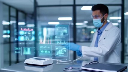Medical Researcher Working in a Futuristic Laboratory Analyzing Data On Holographic Screen - Powered by Adobe