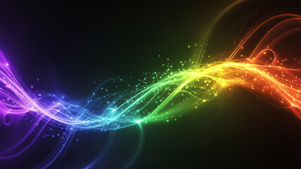 Fototapeta premium Vibrant Rainbow Light Waves with Sparkling Particles and Swirling Trails Keywords: vibrant, rainbow, light, waves, sparkling, particles, swirling, trails, colorful