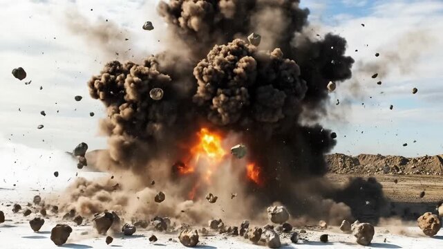 Powerful Explosion Erupts Sending Rocks and Debris Flying Through the Air Under a Blue Sky