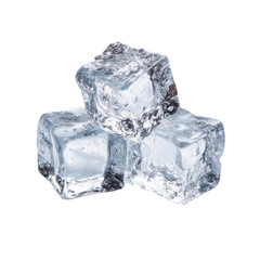 Obraz premium Three Clear Ice Cubes Stacked Together with Water Droplets frozen, Isolated On White, Png Transparent, Cut Out