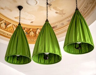 Three green cone-shaped lamps hanging from a decorative ceiling