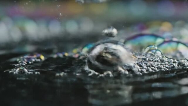 Dynamic formation and dissolution of iridescent spheres, showcasing fluid dynamics and light refraction on a dark, reflective surface. A mesmerizing visual of bubbles forming, growing, and?