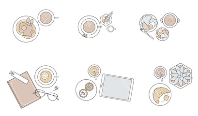 ミニマルなカフェ、フード関連の俯瞰レイアウト｜くすみカラーの上品なラインアイコンセット