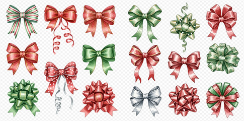 A collection of various festive bows in red, green, and silver, suitable for gift wrapping and holiday decorations.