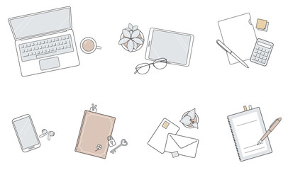 ミニマルなビジネス関連の俯瞰レイアウト｜くすみカラーの上品なラインアイコンセット