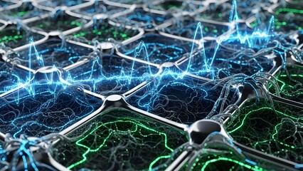 Blue abstract network background with glowing lines and textured patterns