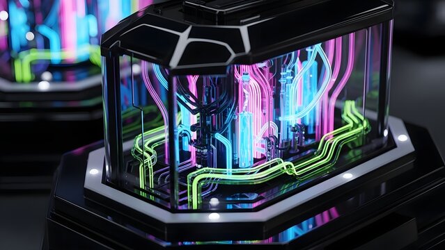 Glowing fiber-optic technology background with bright digital light spots