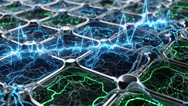 Blue abstract network background with glowing lines and textured patterns