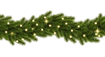 Seamless christmas garland with sparkling lights and green fir branches, perfect for holiday decorations, isolated on white background