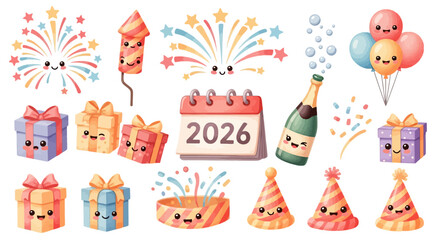 Cute and festive New Year 2026 elements, including smiling calendar with “2026”, fireworks, champagne bottle, gift boxes, confetti, party hats, and balloons