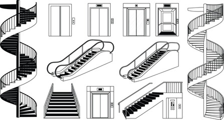 Vector Line Art Set of Vertical Transportation Architectural Elements, Including Spiral Stairs, Escalators, Standard Staircases, and Various Elevator Doors for Building and Interior Design Plans © MstTanzila
