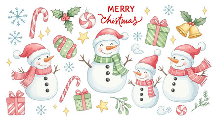 Christmas & New Year Joy, a festive set of adorable watercolor characters, all in soft warm pastel colors. Vector illustration