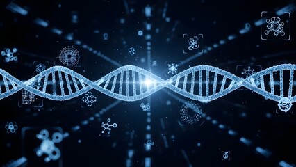 Blue DNA helix structure glowing against an abstract molecular background
