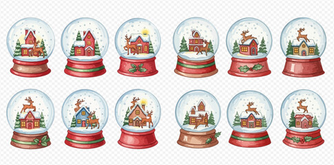 Watercolor Christmas snow globes with winter village scenes and festive elements.