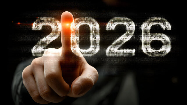 Dedo apuntando a una pantalla en el que aparece el texto 2026 representando la tecnologia y la computación en el año nuevo