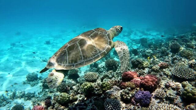 An ancient sea turtle gracefully navigating vibrant coral reefs, showcasing the delicate balance of marine ecosystems and biodiversity. Underwater wide shot, tracking the turtle's movement over the?