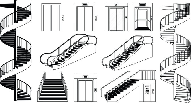 Vector Line Art Set of Vertical Transportation Architectural Elements, Including Spiral Stairs, Escalators, Standard Staircases, and Various Elevator Doors for Building and Interior Design Plans