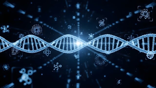 Blue DNA helix structure glowing against an abstract molecular background - Powered by Adobe