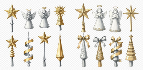 A collection of various Christmas tree toppers, including golden stars, silver angels, and decorative conical shapes with bows and ribbons.