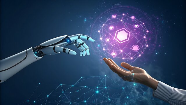 Ai robot hand and human hand connect with digital network technology - Powered by Adobe